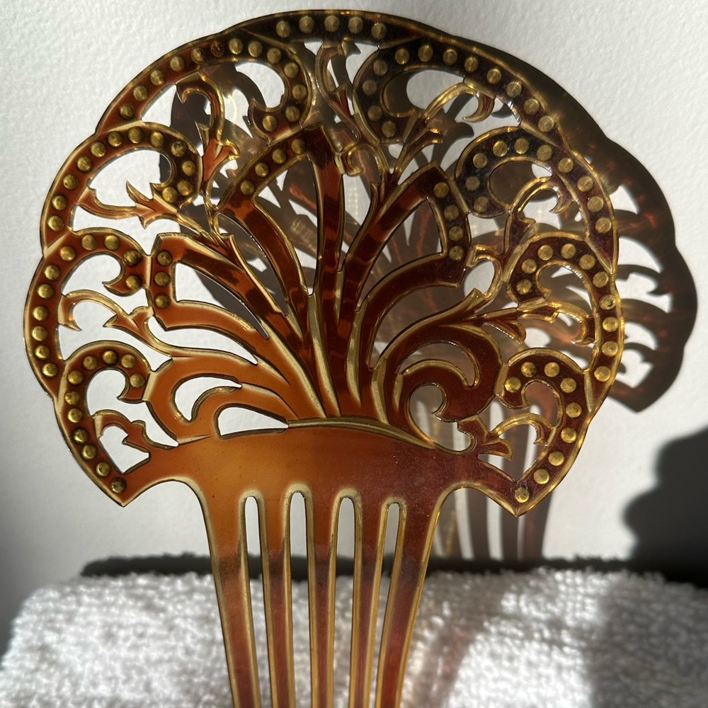 Antique Tortoise Shell Blue Rhinestone Hair Combs - Picture 8 of 13